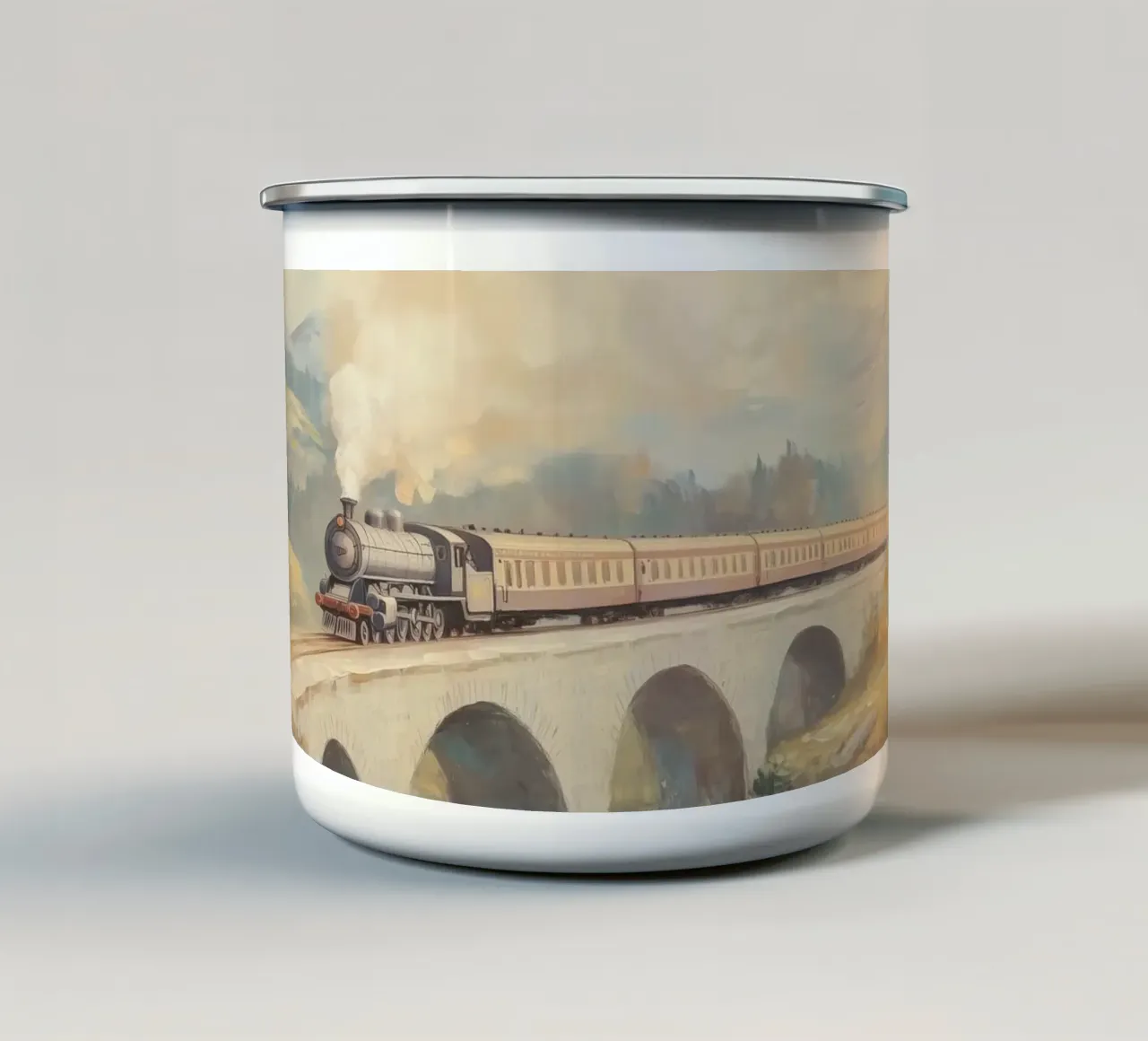 Treno a vapore sul ponte d'autunno tazza in smalto da Melloi Art Print
