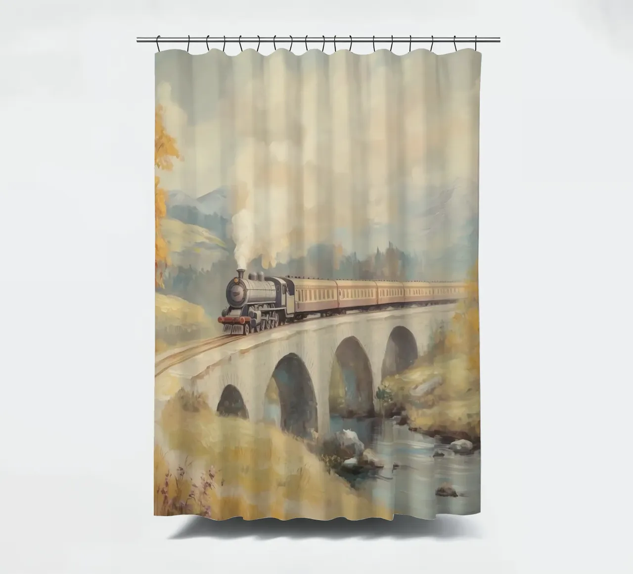 Treno a vapore sul ponte d'autunno tenda da doccia da Melloi Art Print