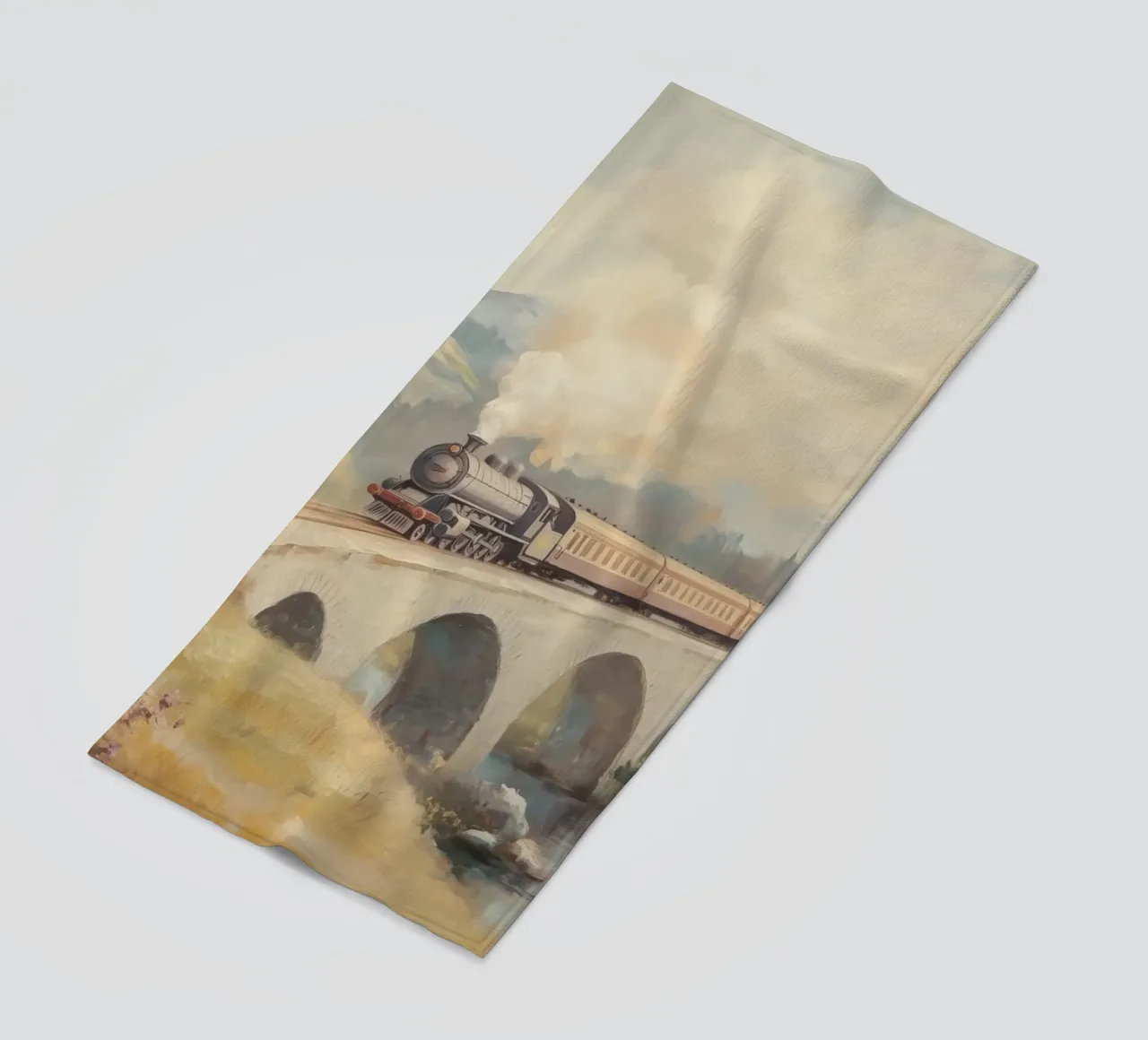 Treno a vapore sul ponte d'autunno telo mare da Melloi Art Print