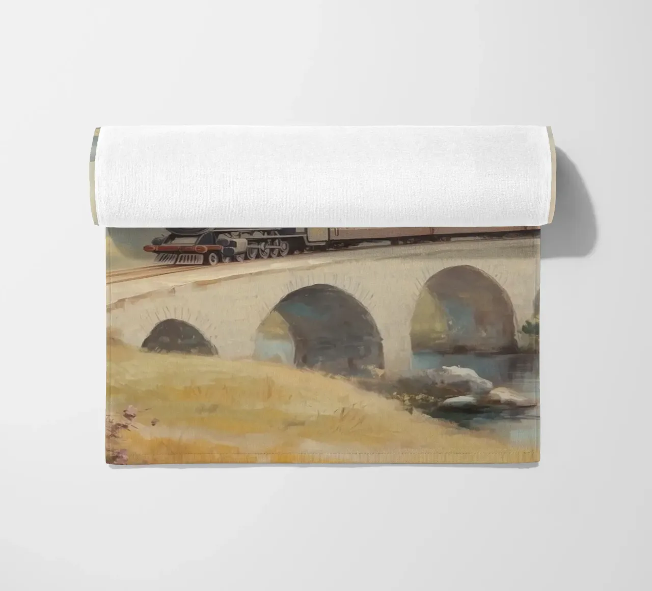 Treno a vapore sul ponte d'autunno telo mare da Melloi Art Print