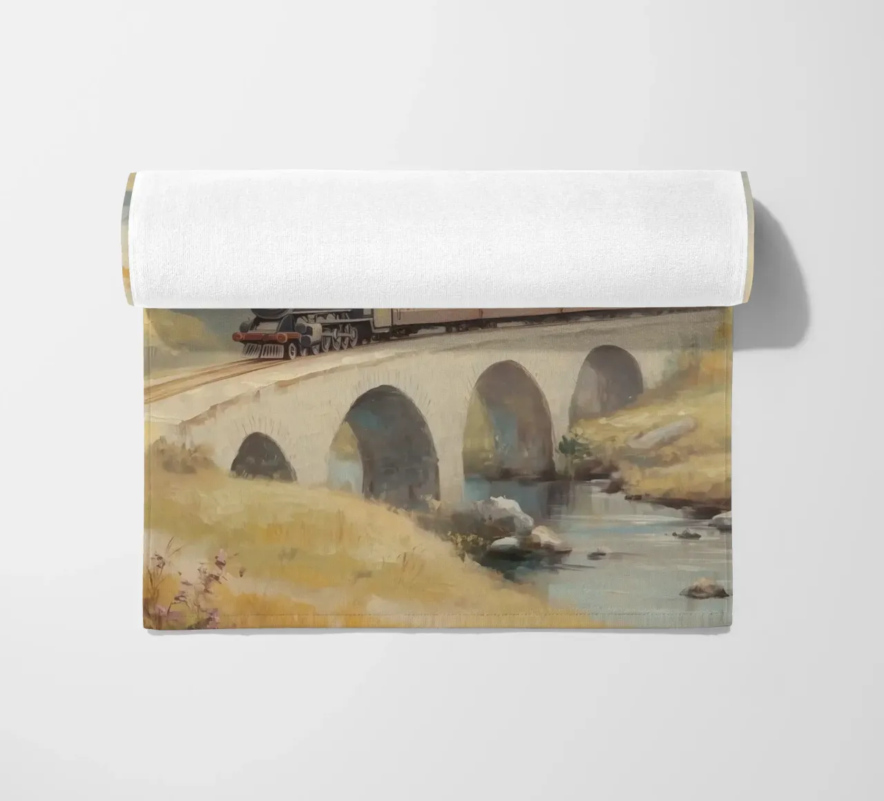 Treno a vapore sul ponte d'autunno telo mare da Melloi Art Print