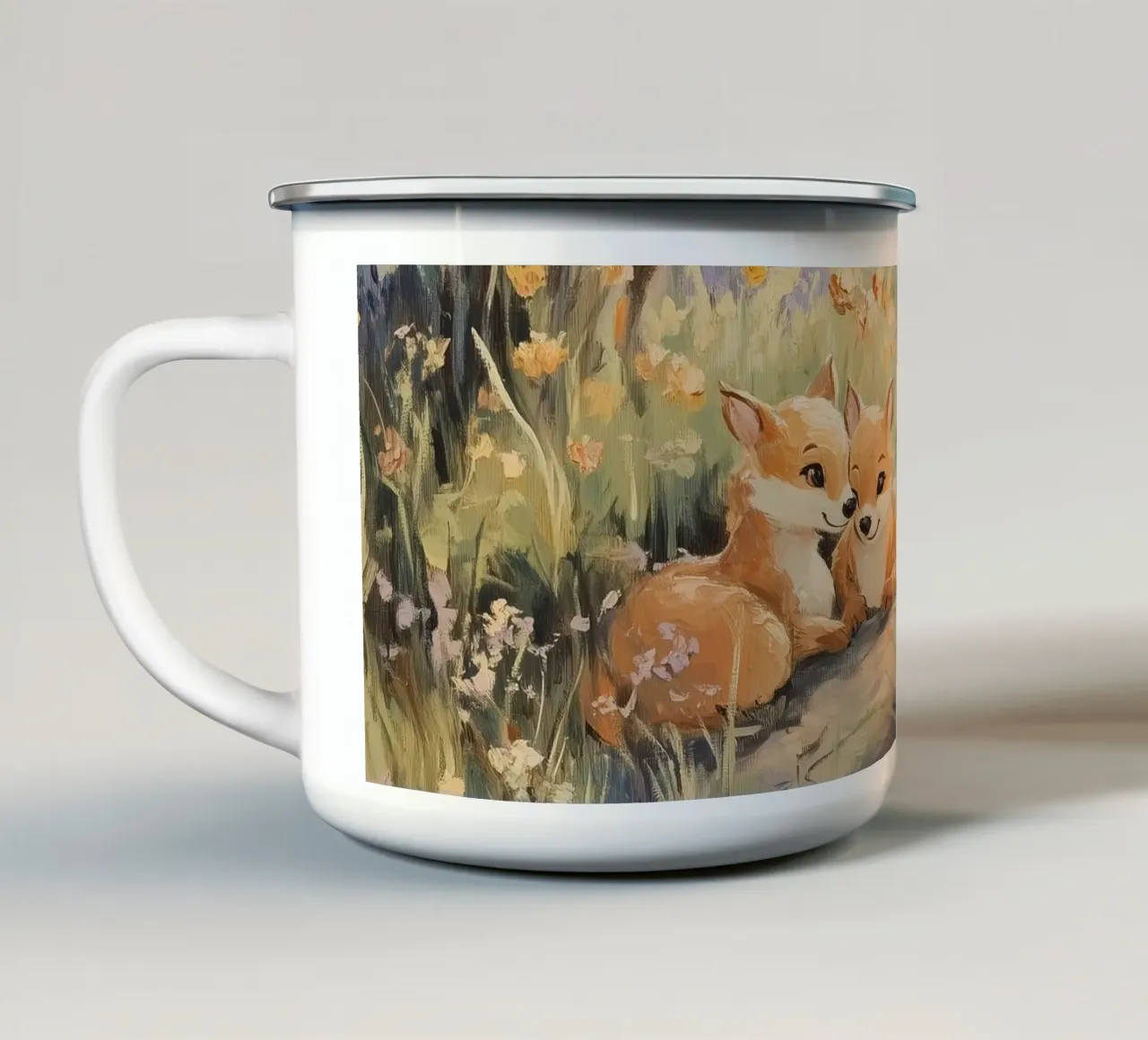 Piccole volpi nel prato di primavera tazza in smalto da Melloi Art Print