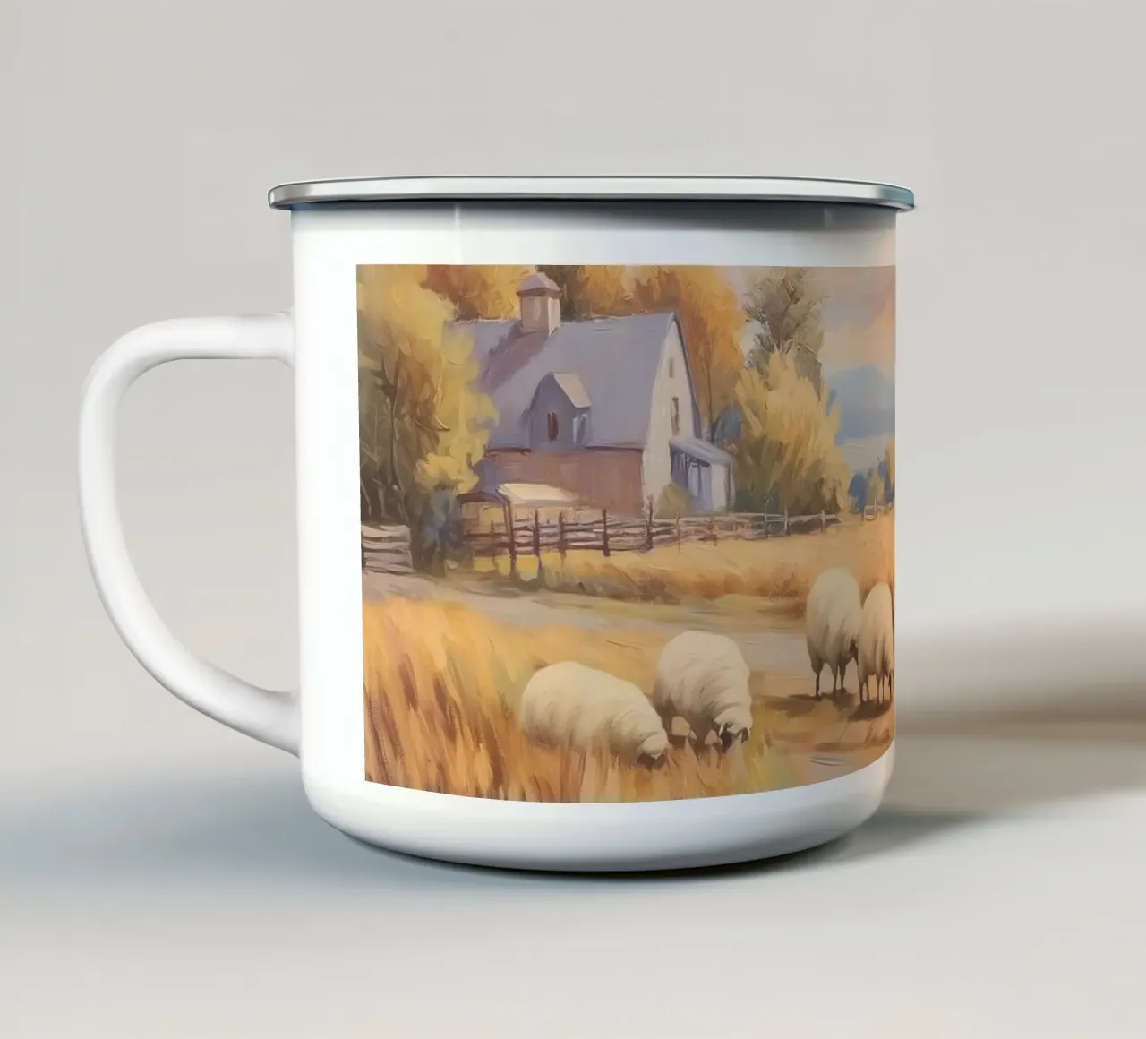 Fattoria e pecore al pascolo al tramonto tazza in smalto da Melloi Art Print
