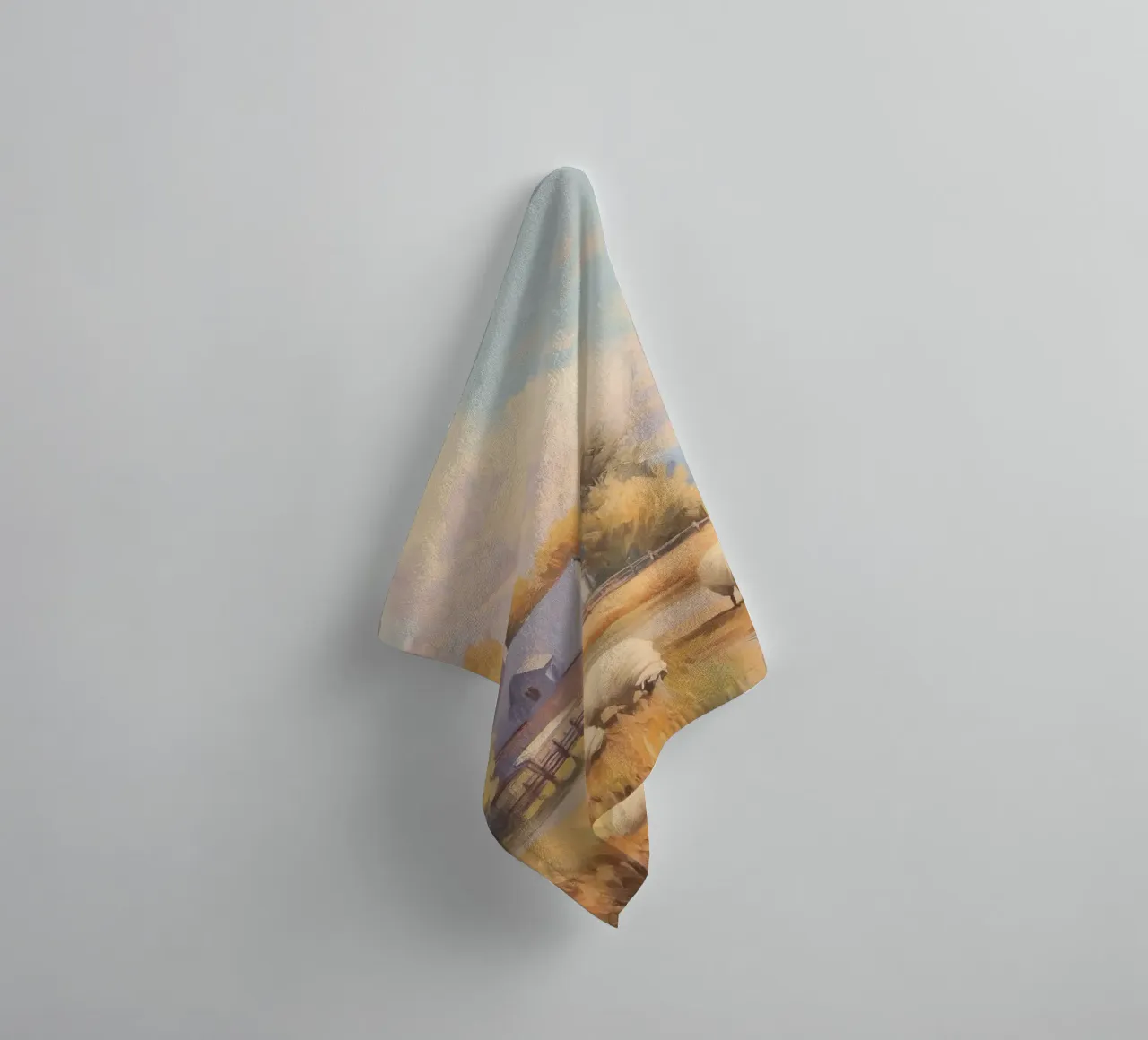 Farmhouse and Grazing Sheep at Sunset towel by Melloi Art Print