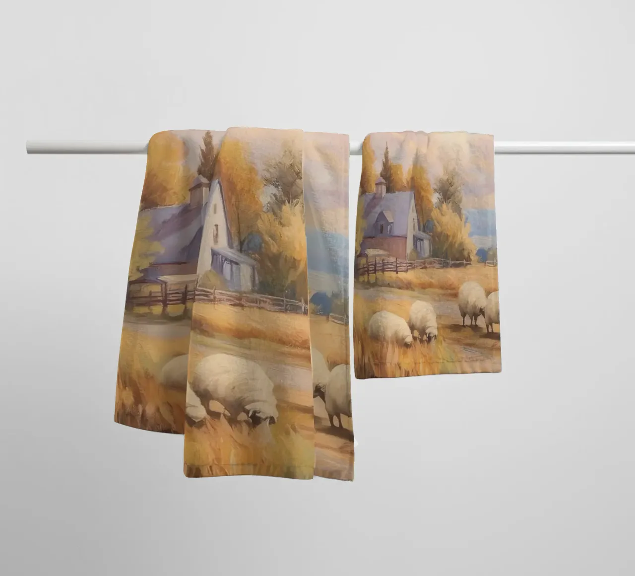 Farmhouse and Grazing Sheep at Sunset towel by Melloi Art Print