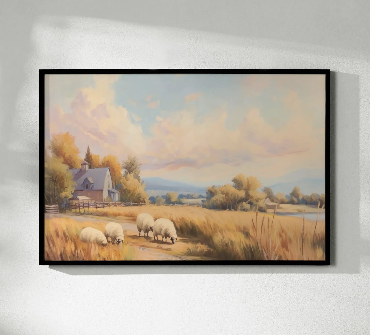 Bauernhaus und grasende Schafe bei Sonnenuntergang Poster von Melloi Art Print