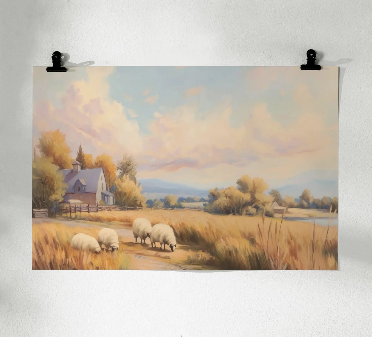 Bauernhaus und grasende Schafe bei Sonnenuntergang Poster von Melloi Art Print