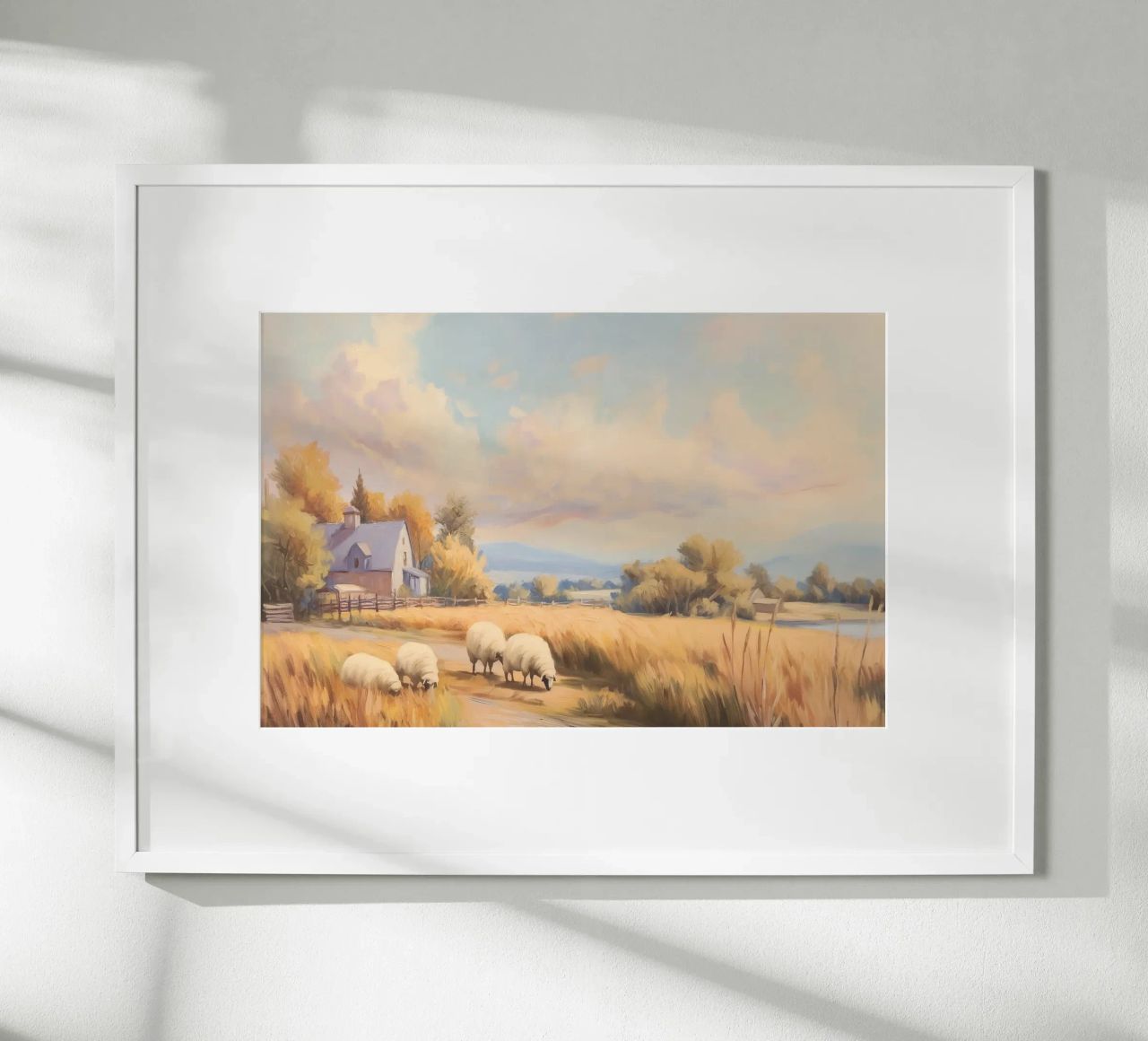 Bauernhaus und grasende Schafe bei Sonnenuntergang Poster von Melloi Art Print