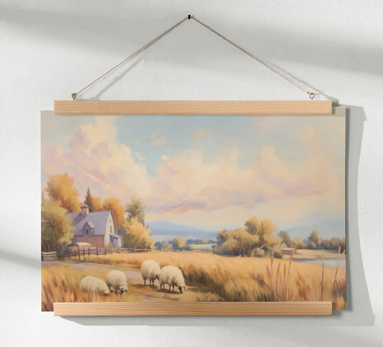 Bauernhaus und grasende Schafe bei Sonnenuntergang Poster von Melloi Art Print