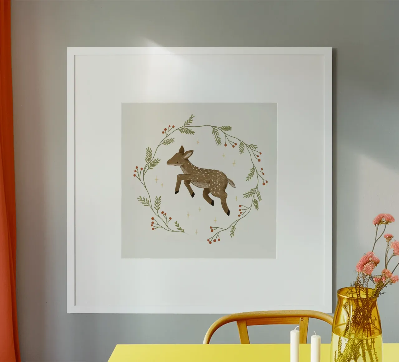 Anna Lunak - Ghirlanda di Natale e cervo poster con telaio in legno da The Artcircle
