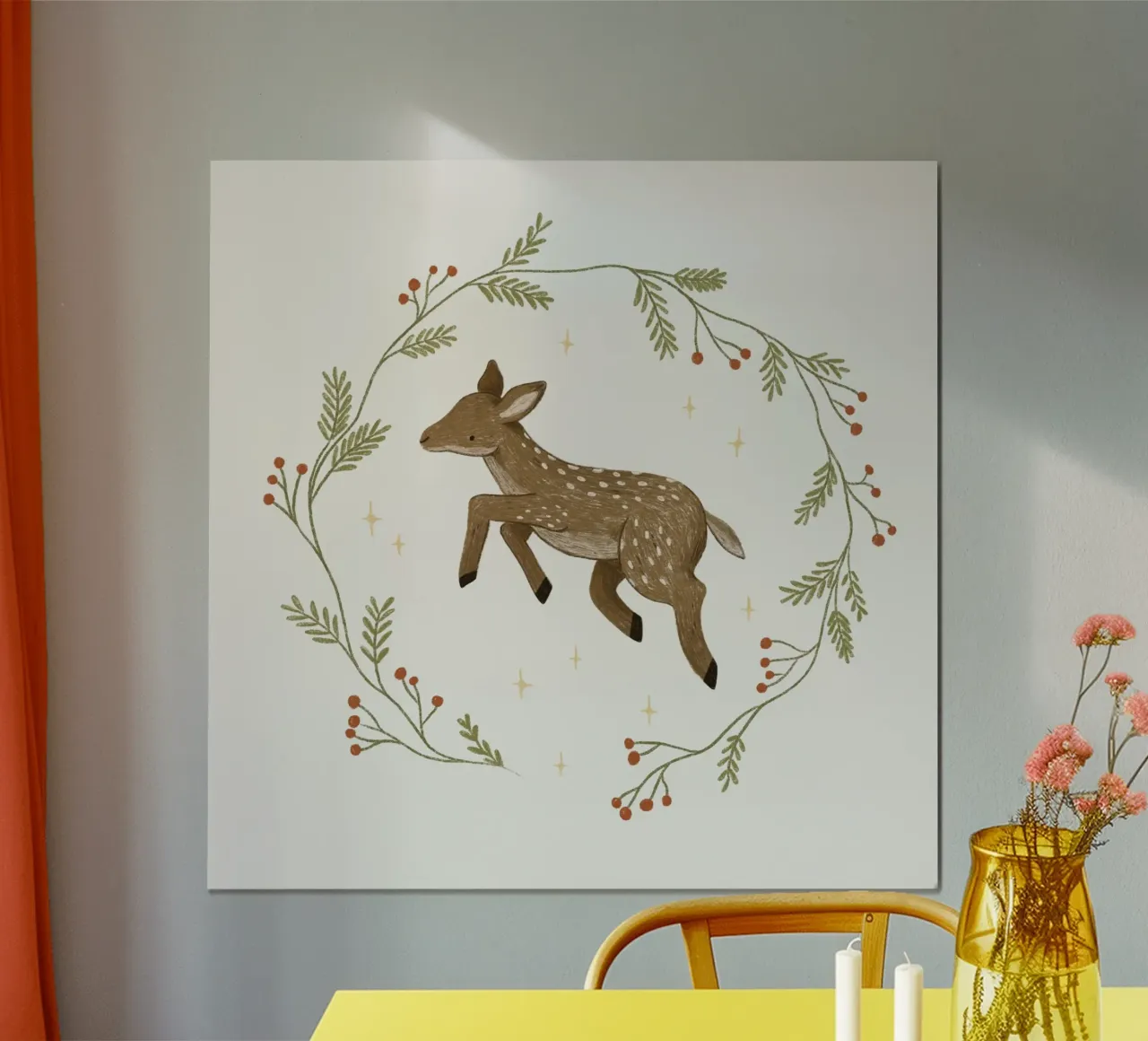 Anna Lunak - Ghirlanda di Natale e cervo poster con telaio in legno da The Artcircle