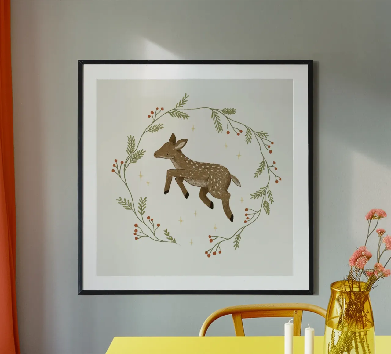 Anna Lunak - Ghirlanda di Natale e cervo poster con telaio in legno da The Artcircle