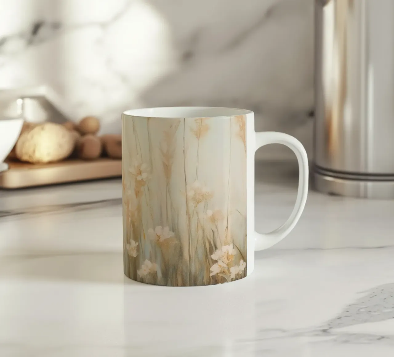 Nebbiosi campi di grano al mattino tazza in ceramica da Melloi Art Print