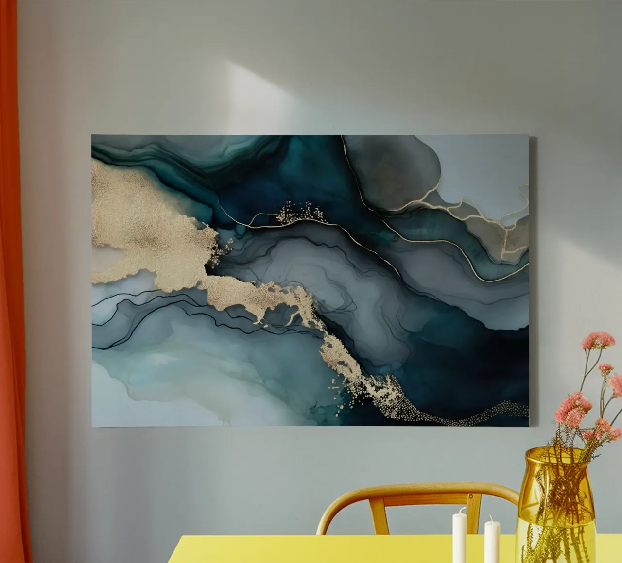 Moody gemarmerde inkt groenblauw goud canvas met Baklijst van Andrea Haase Modern Home