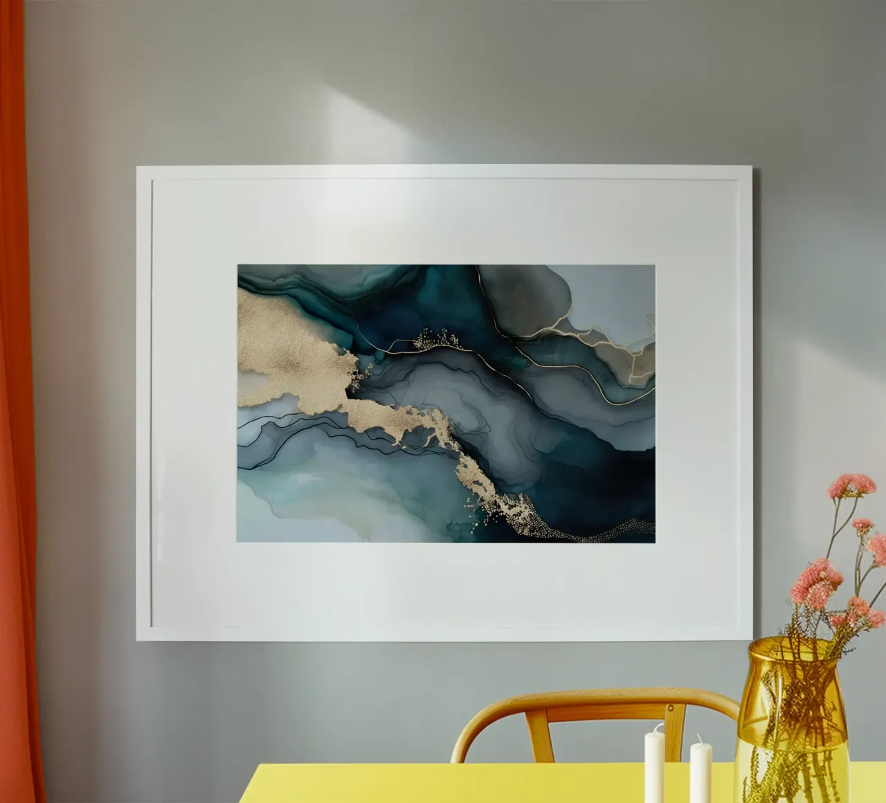 Moody Marbled Ink Teal Blue Gold poster with plastic frame by Andrea Haase Modern Home