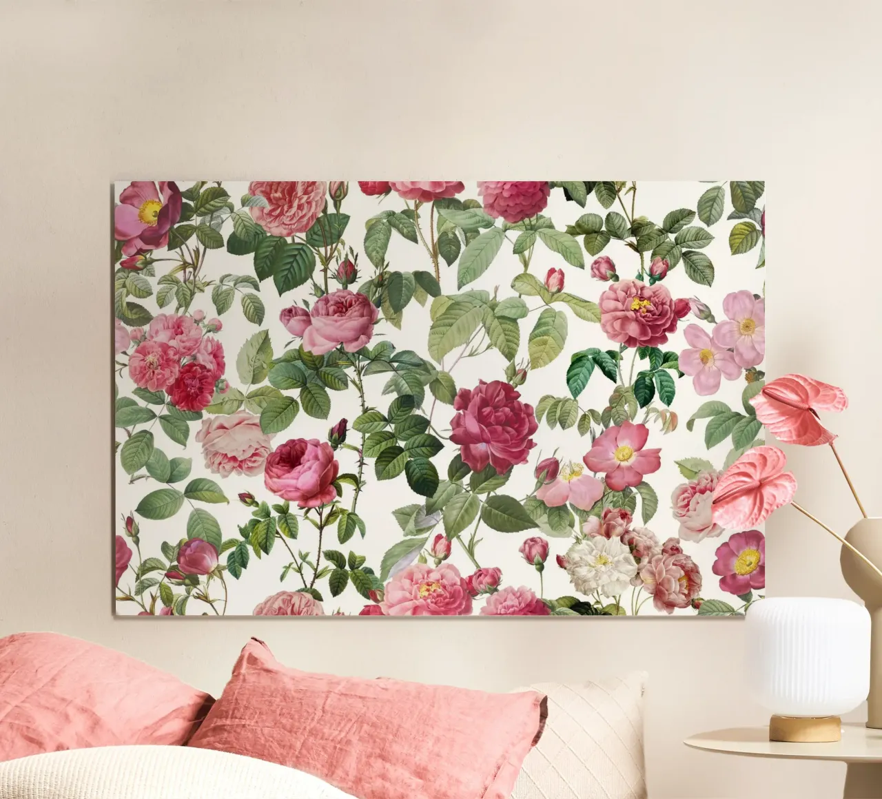 Redoute Roses Bianco Pastello poster con telaio in legno da Andrea Haase Floral Passion
