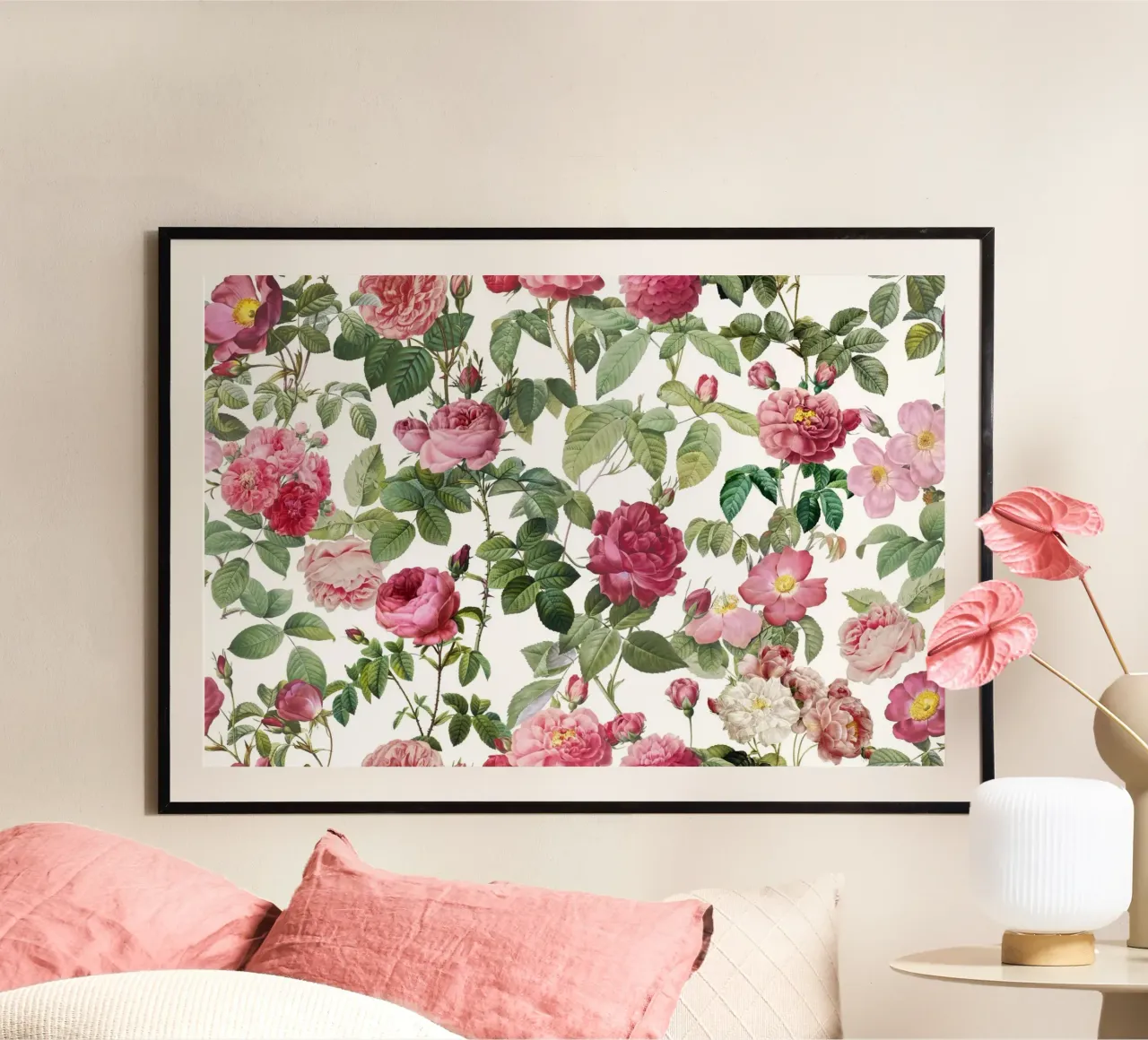 Redoute Roses Bianco Pastello poster con telaio in legno da Andrea Haase Floral Passion
