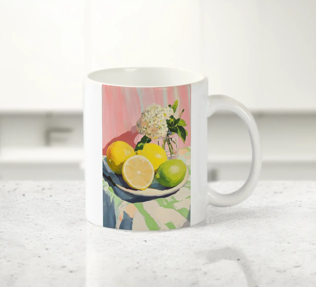 Natura morta di agrumi e ortensie tazza in ceramica da Melloi Art Print