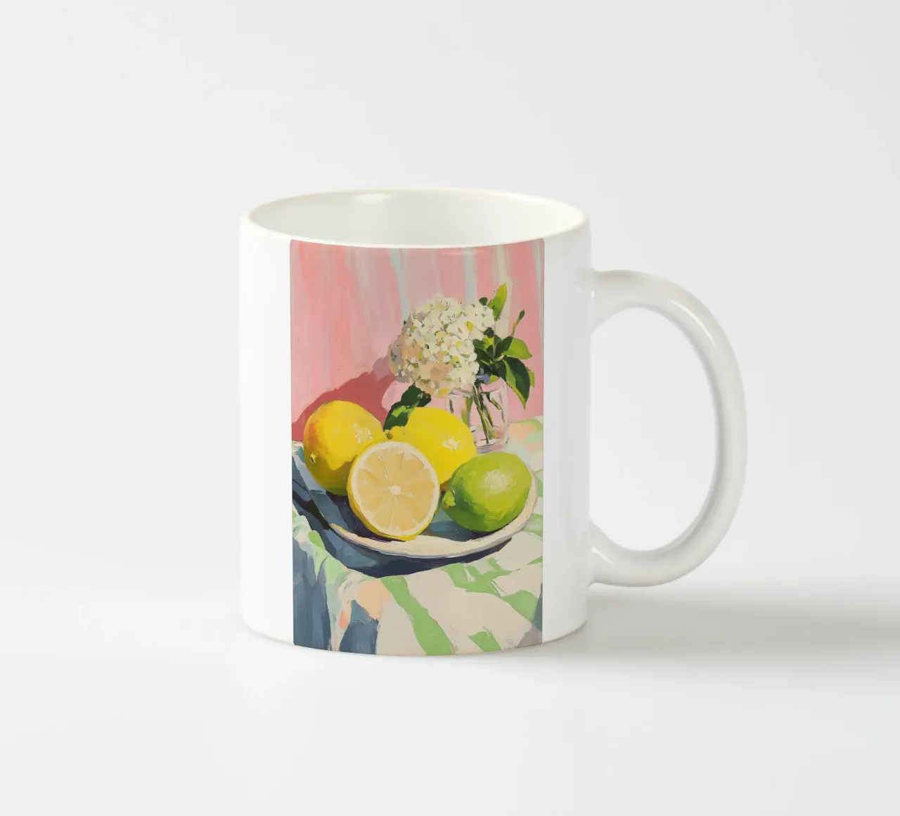 Natura morta di agrumi e ortensie tazza in ceramica da Melloi Art Print