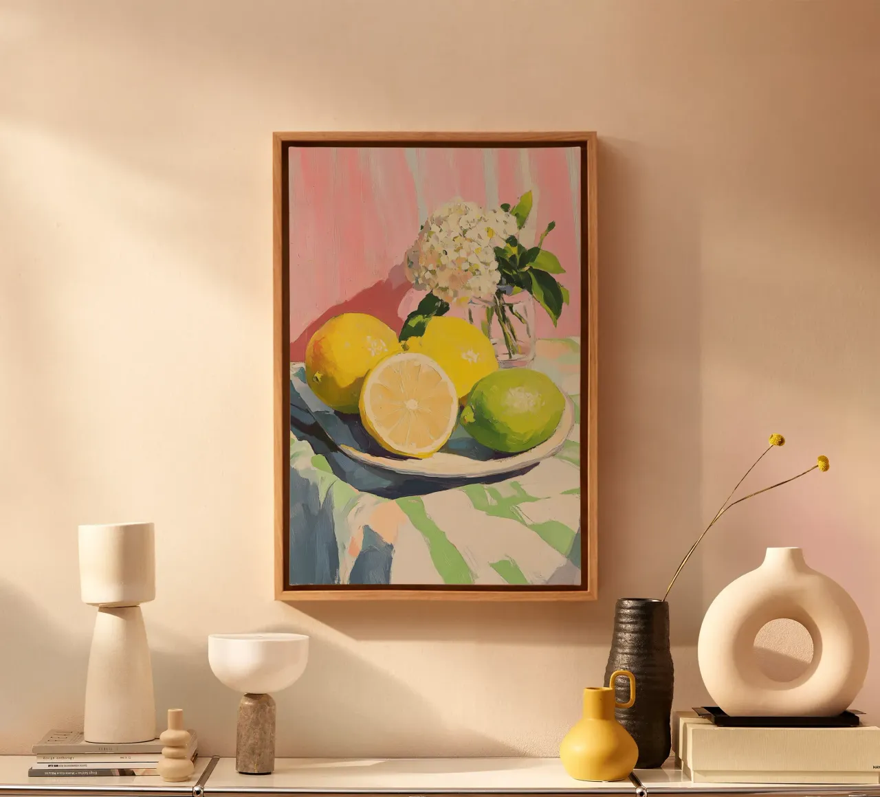 Citrus and Hydrangea Still Life canvas with Floater frame by Melloi Art Print