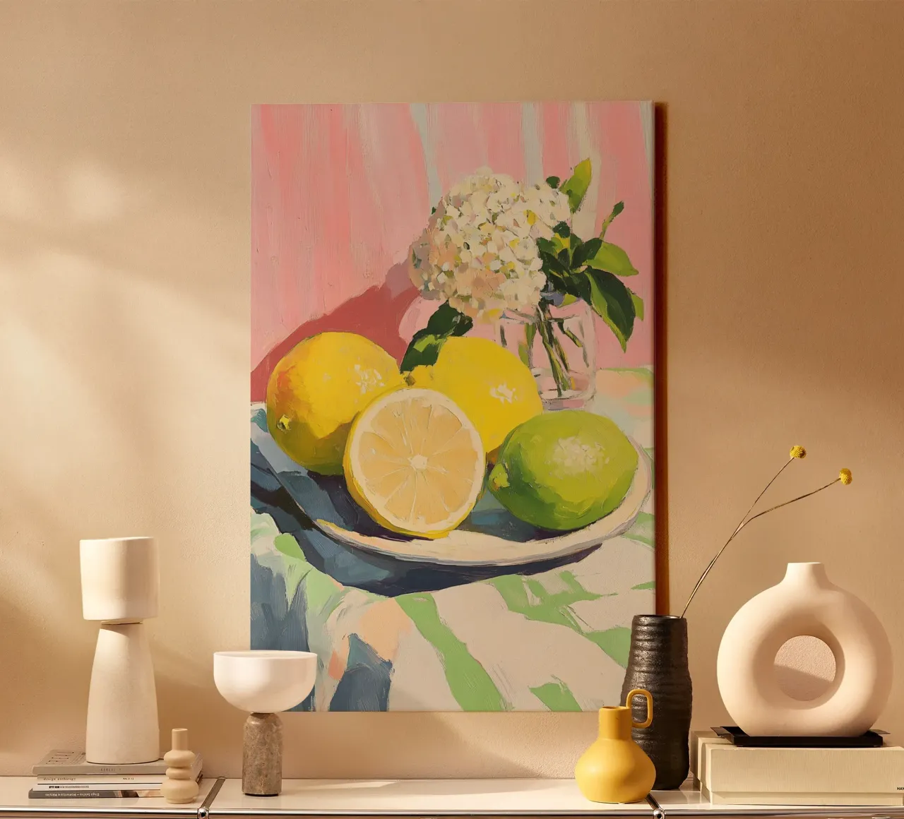 Citrus and Hydrangea Still Life canvas with Floater frame by Melloi Art Print