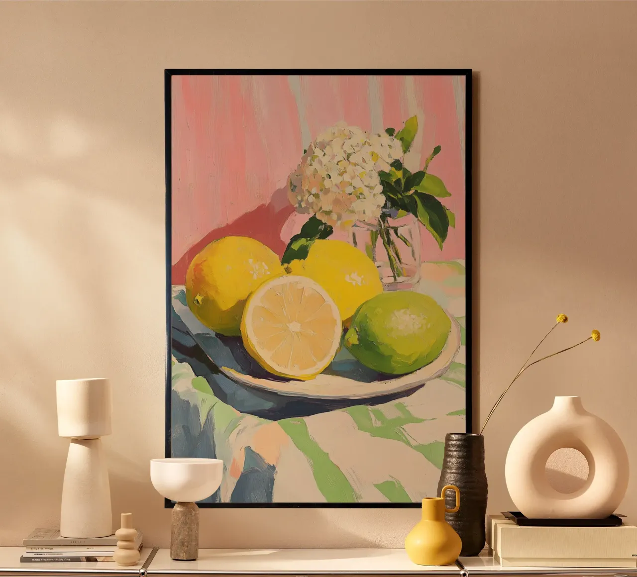 Citrus and Hydrangea Still Life poster by Melloi Art Print