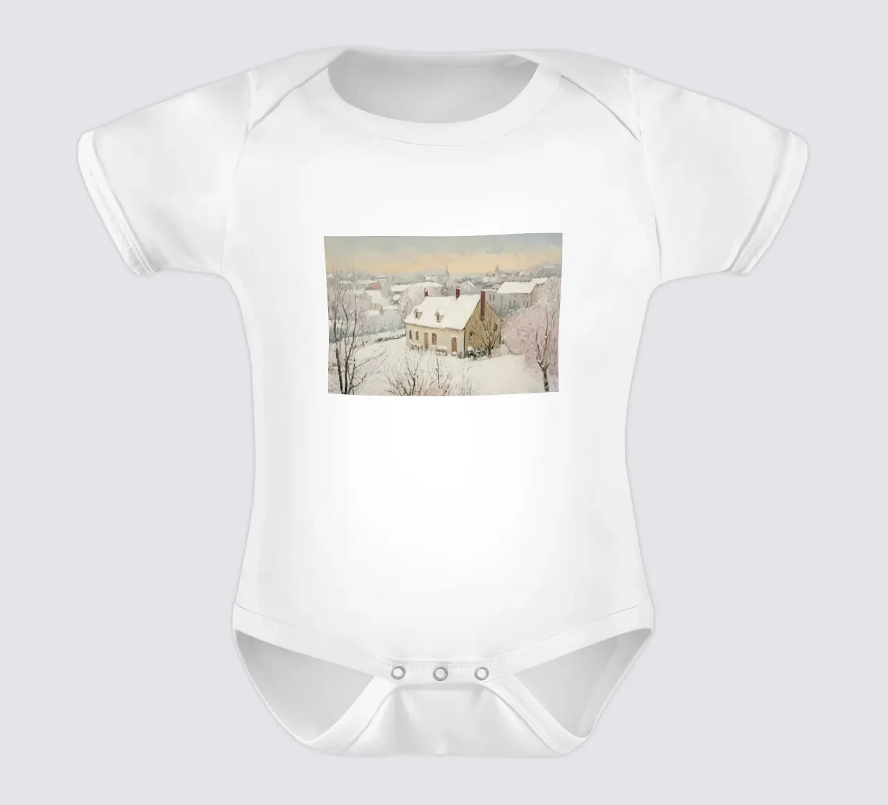 Scena invernale di un villaggio innevato body neonato maniche corte da Melloi Art Print
