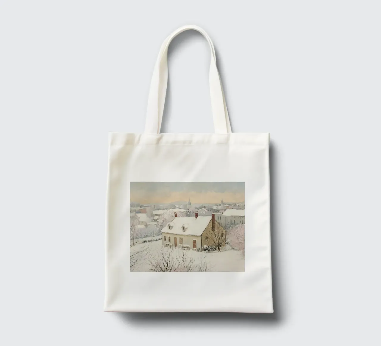 Scena invernale di un villaggio innevato borsa in juta da Melloi Art Print