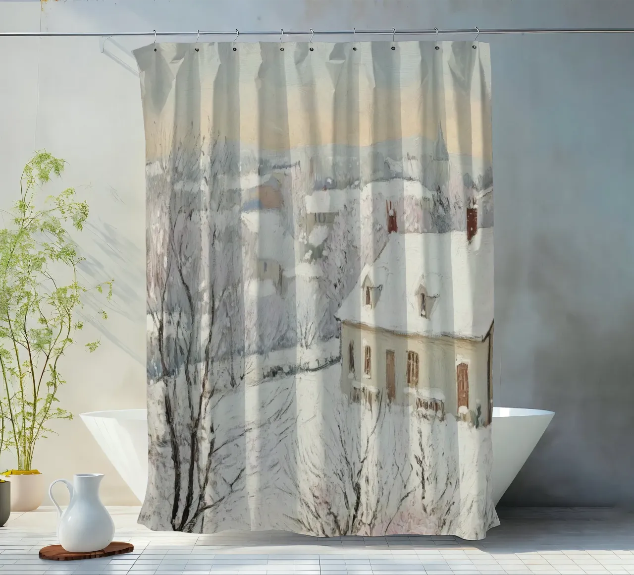 Scena invernale di un villaggio innevato tenda da doccia da Melloi Art Print
