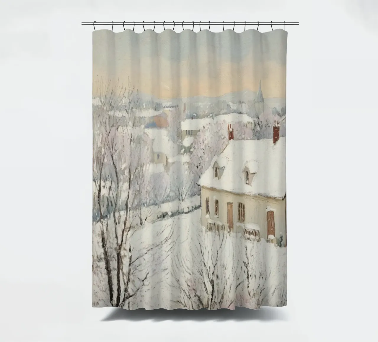 Scena invernale di un villaggio innevato tenda da doccia da Melloi Art Print