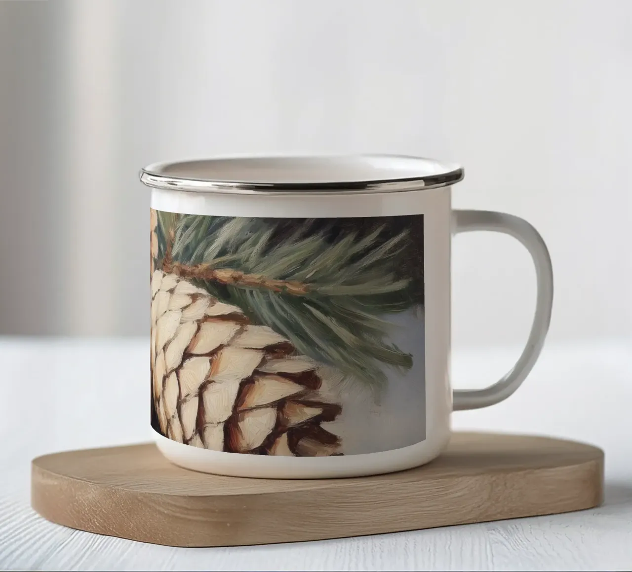 Natura morta di pigne invernali tazza in smalto da Melloi Art Print