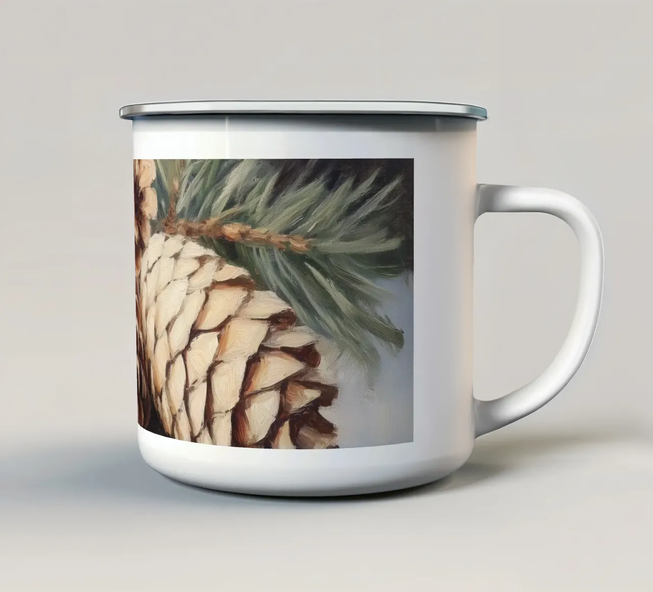 Natura morta di pigne invernali tazza in smalto da Melloi Art Print