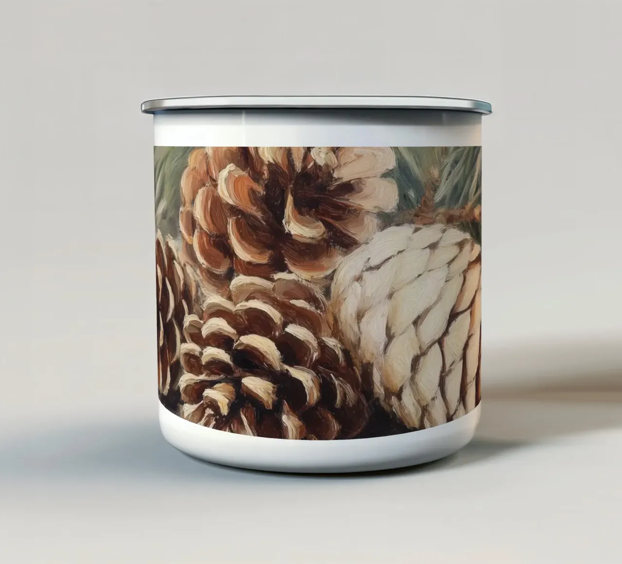 Natura morta di pigne invernali tazza in smalto da Melloi Art Print