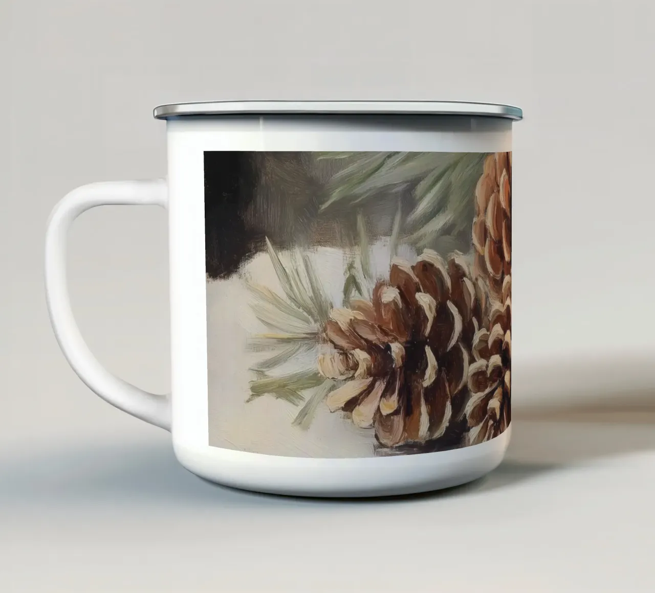 Natura morta di pigne invernali tazza in smalto da Melloi Art Print
