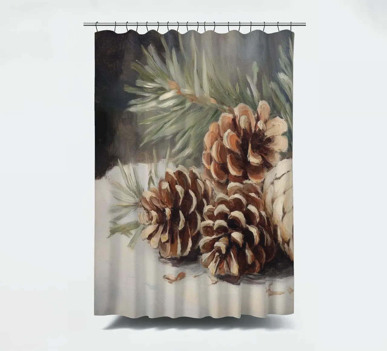 Natura morta di pigne invernali tenda da doccia da Melloi Art Print