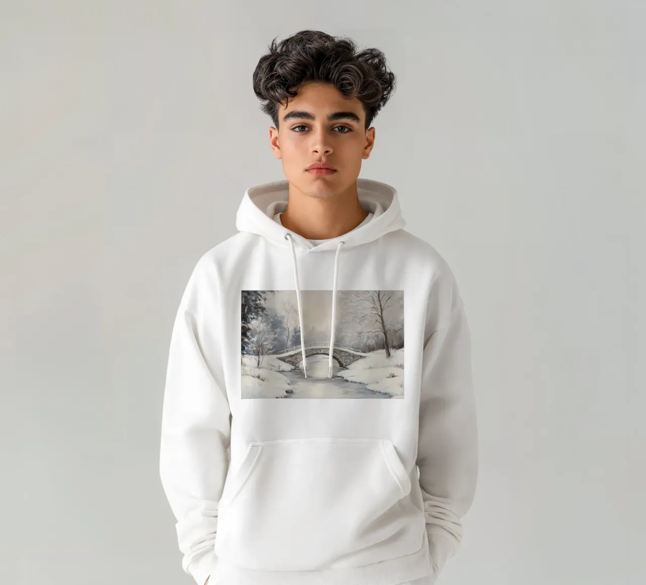 Ponte di pietra innevato in inverno felpa con cappuccio da Melloi Art Print