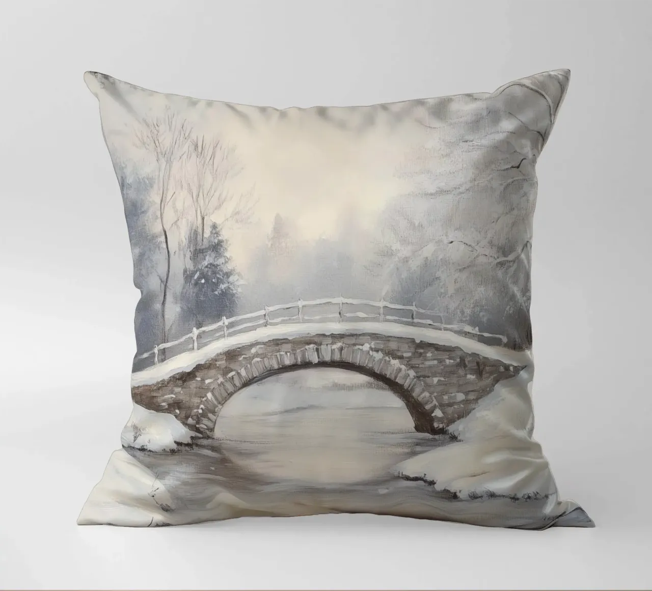 Ponte di pietra innevato in inverno cuscino da Melloi Art Print
