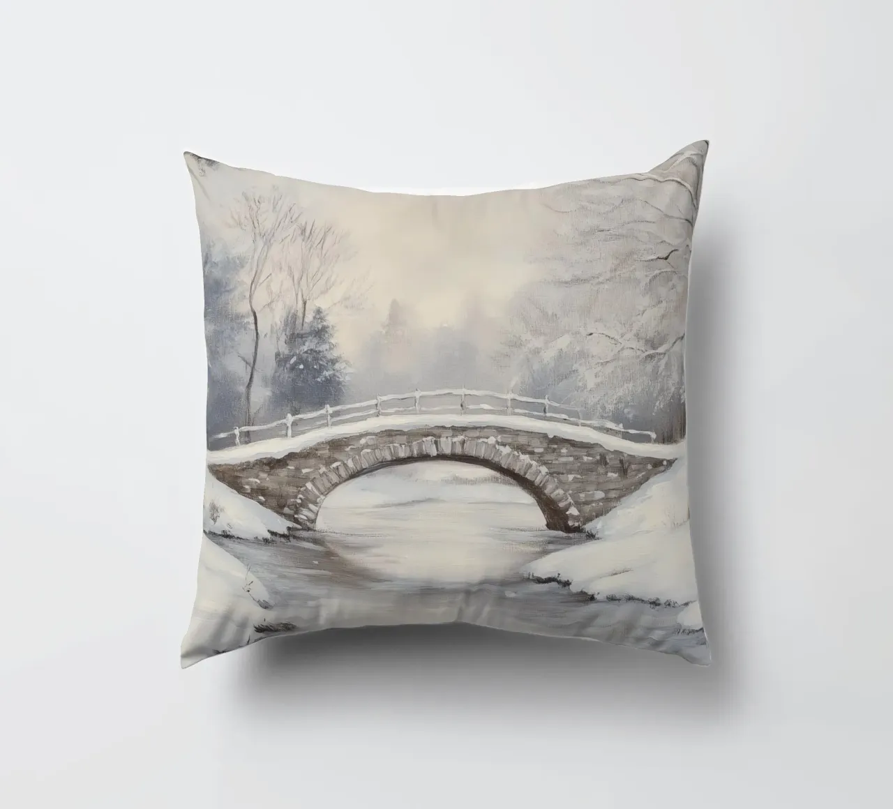 Ponte di pietra innevato in inverno cuscino da Melloi Art Print
