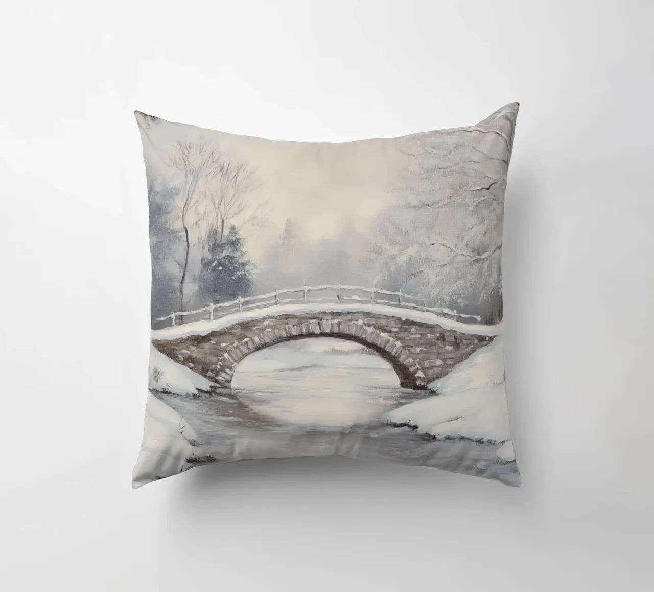 Ponte di pietra innevato in inverno cuscino da Melloi Art Print