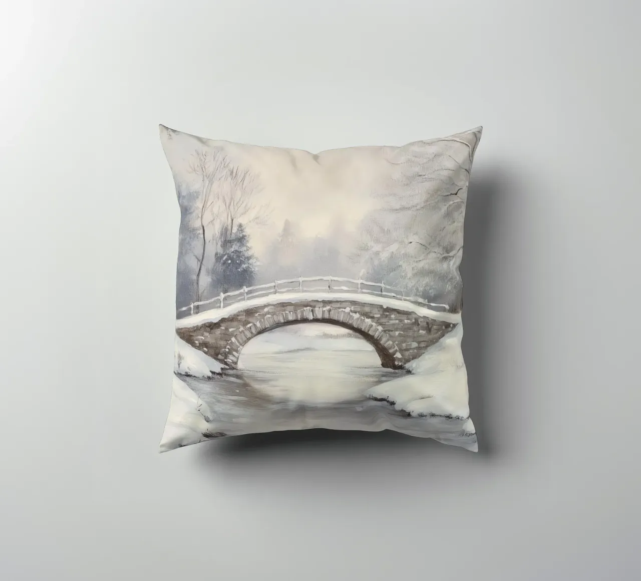 Ponte di pietra innevato in inverno cuscino da Melloi Art Print
