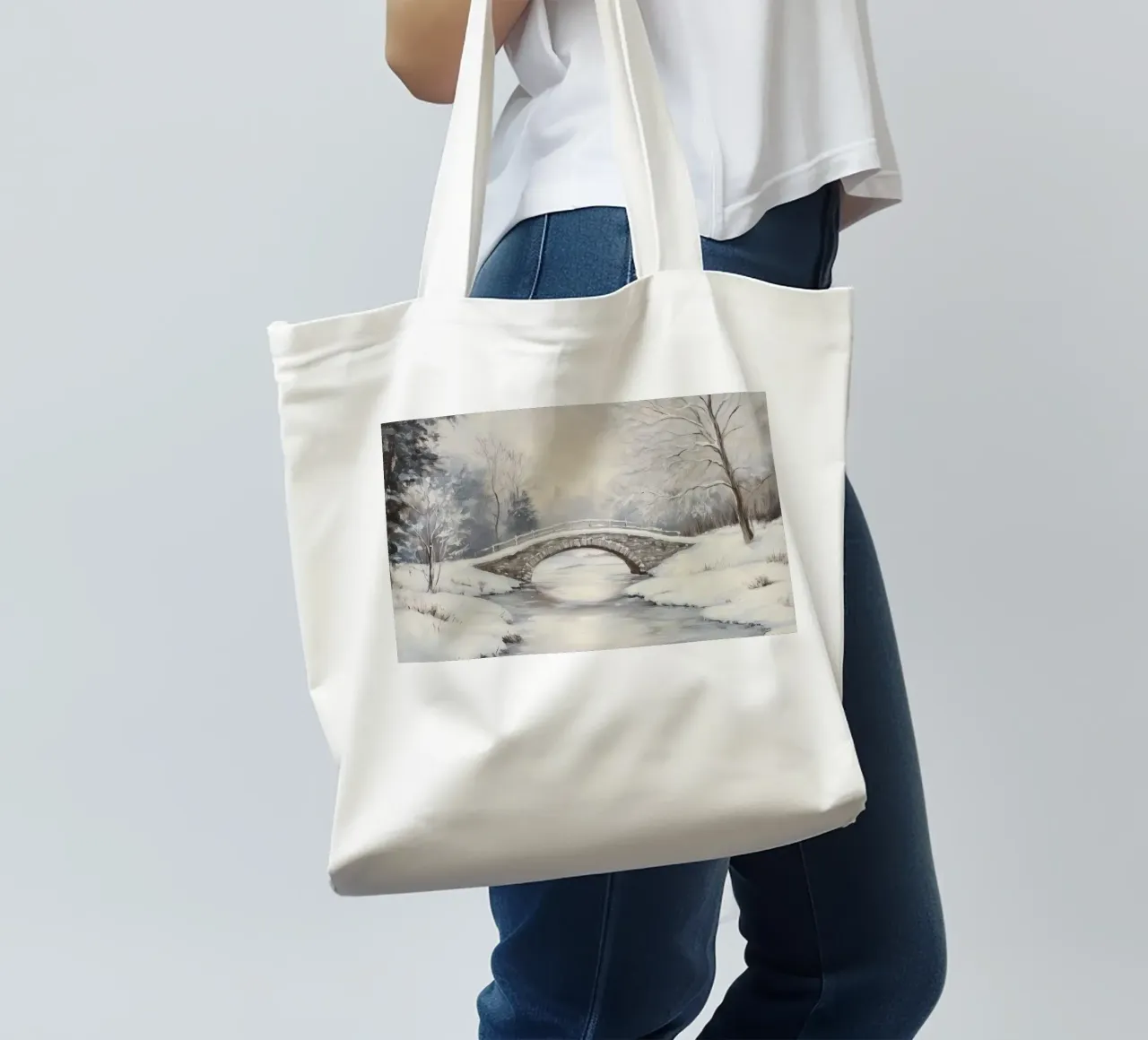Ponte di pietra innevato in inverno borsa in juta da Melloi Art Print