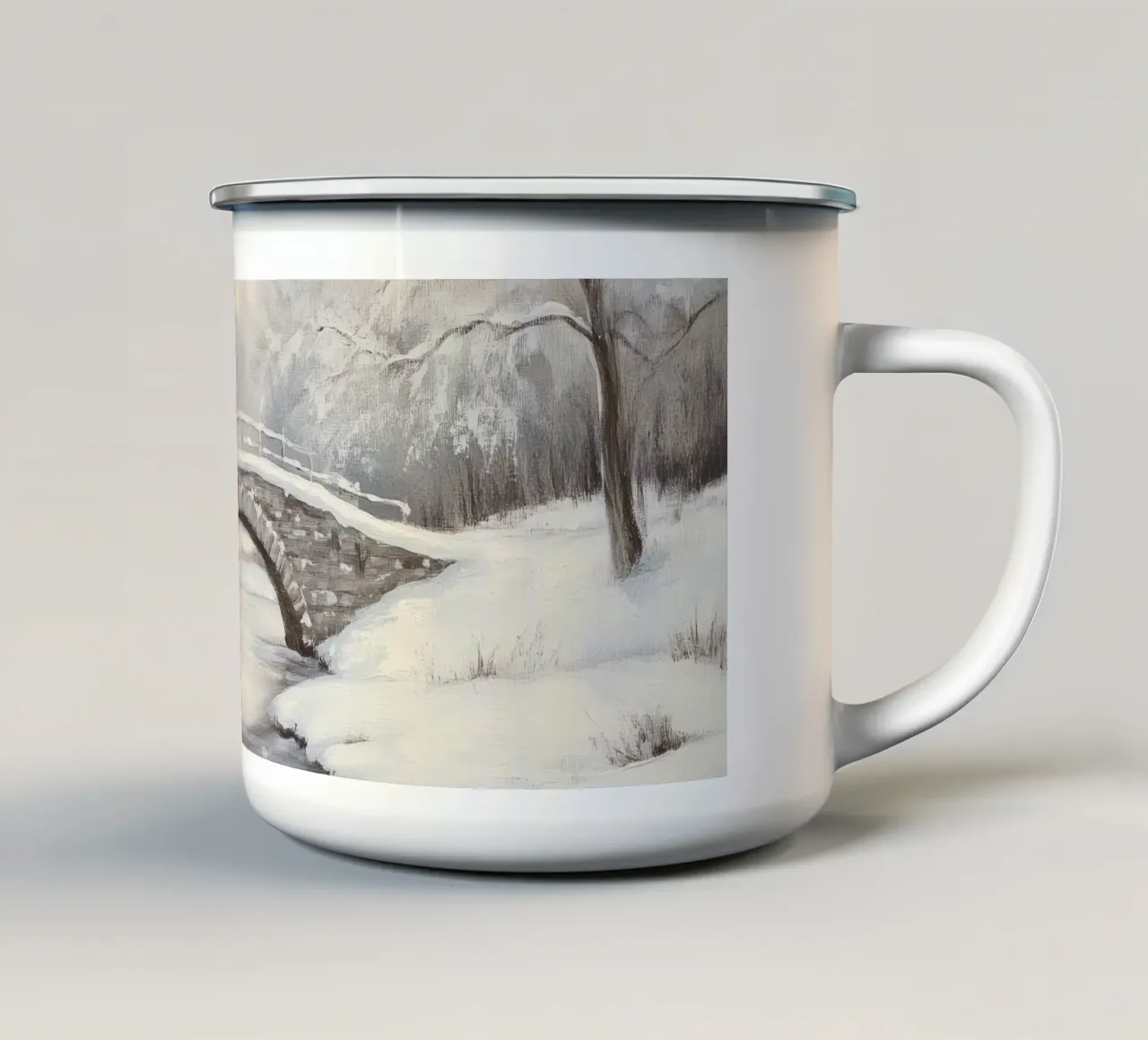 Ponte di pietra innevato in inverno tazza in smalto da Melloi Art Print
