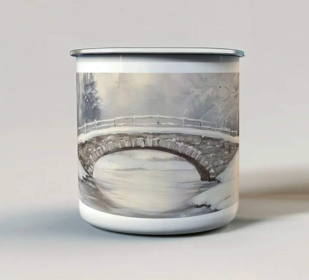 Ponte di pietra innevato in inverno tazza in smalto da Melloi Art Print