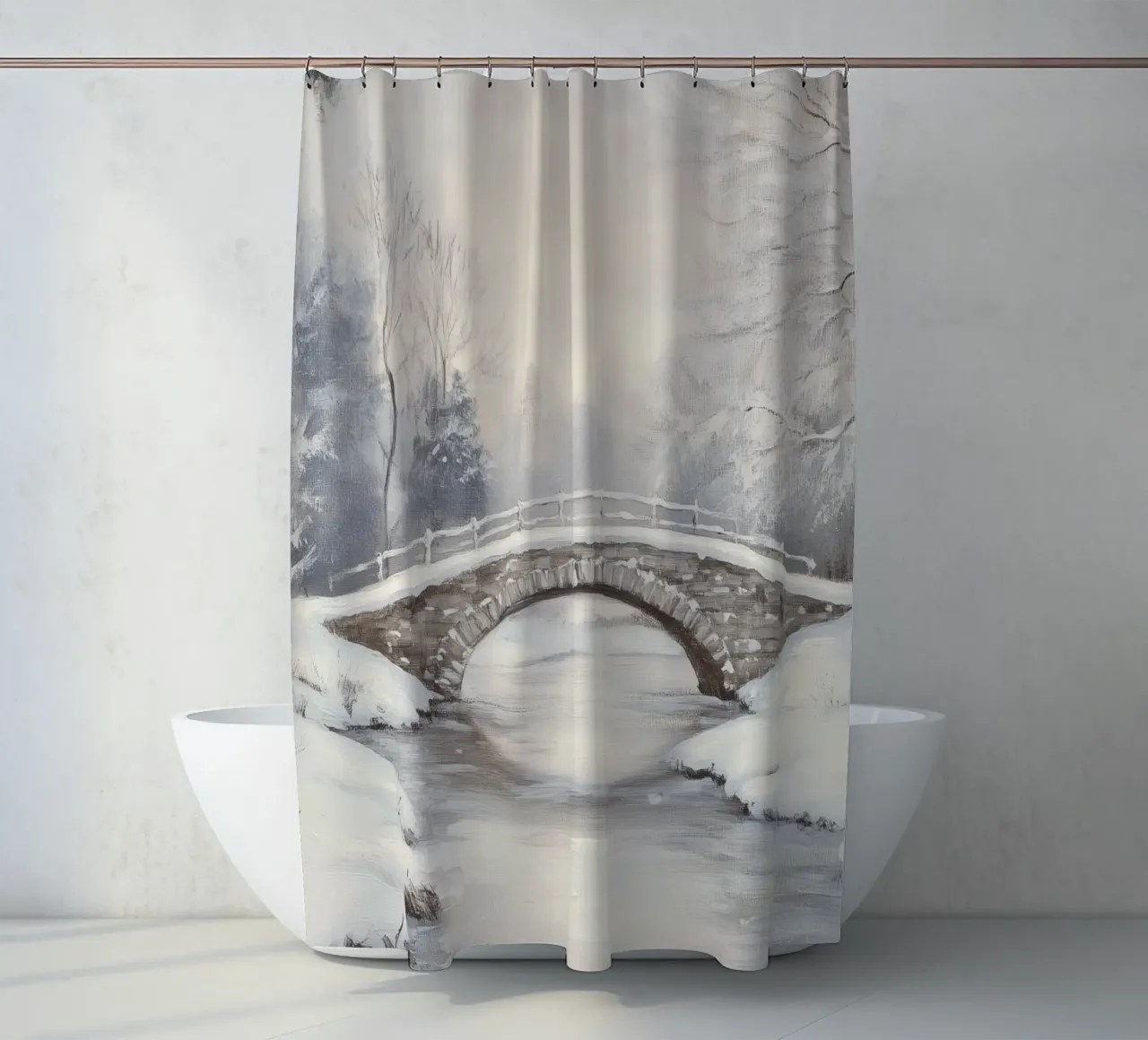 Ponte di pietra innevato in inverno tenda da doccia da Melloi Art Print