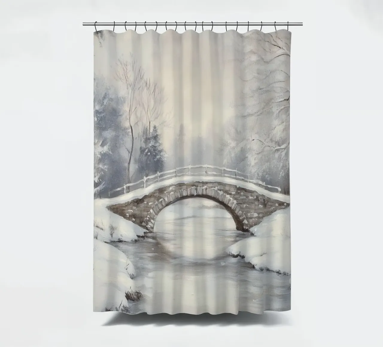 Ponte di pietra innevato in inverno tenda da doccia da Melloi Art Print