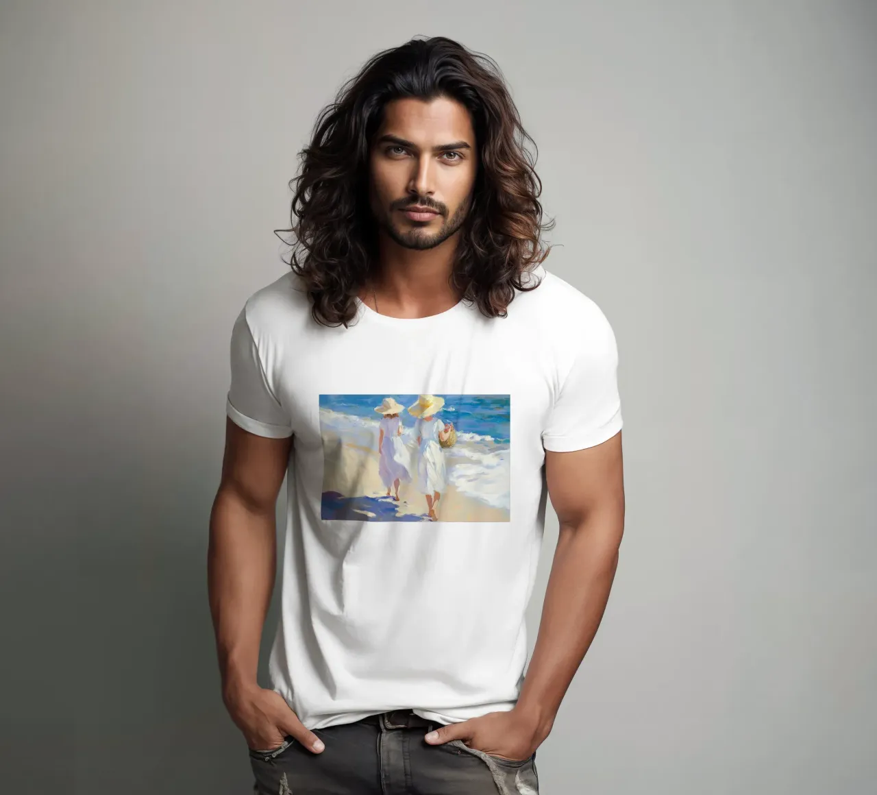 Donne che camminano su una spiaggia illuminata dal sole t-shirt da Melloi Art Print