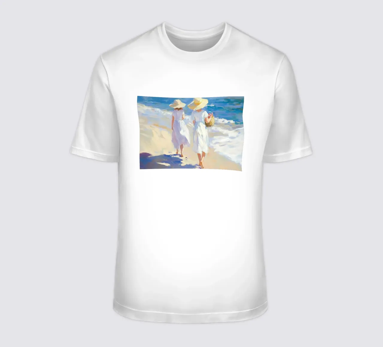 Donne che camminano su una spiaggia illuminata dal sole t-shirt da Melloi Art Print