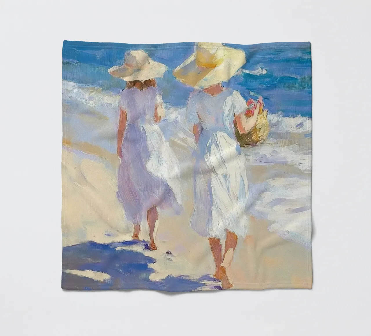Donne che camminano su una spiaggia illuminata dal sole coperta in pile da Melloi Art Print