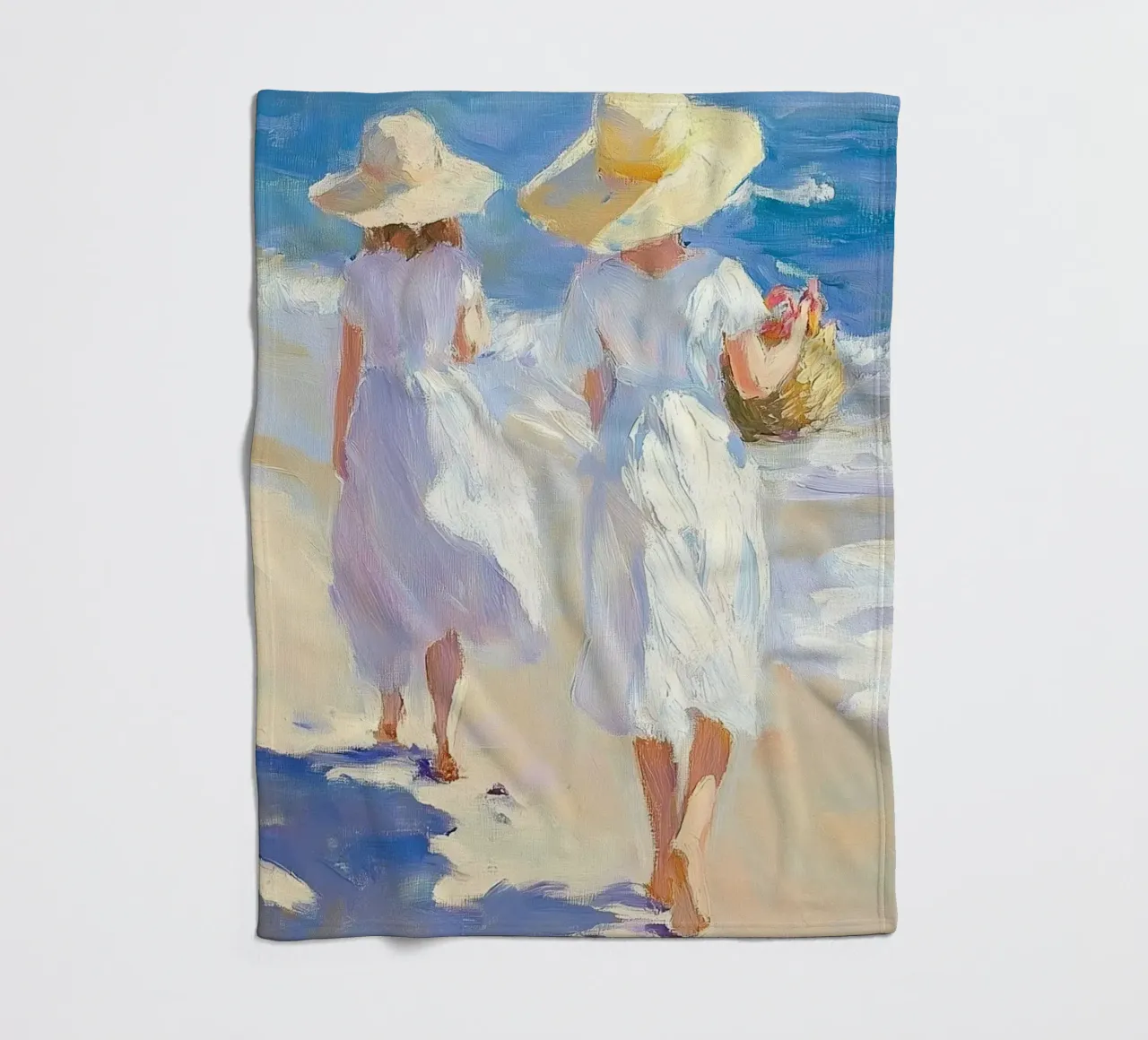 Donne che camminano su una spiaggia illuminata dal sole coperta in pile da Melloi Art Print
