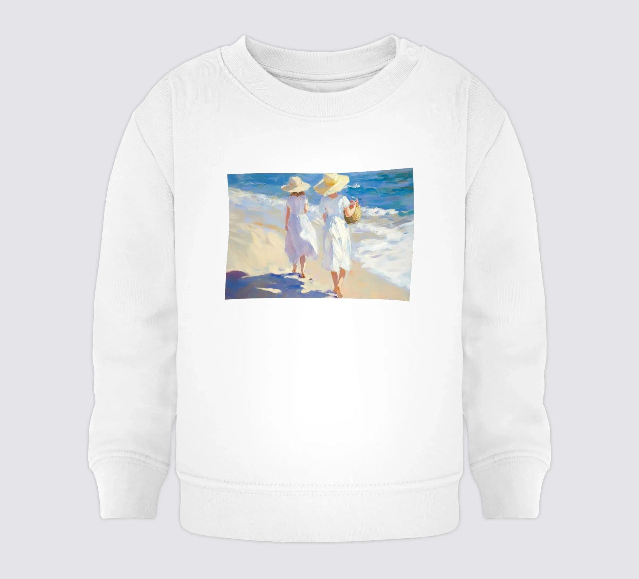 Donne che camminano su una spiaggia illuminata dal sole felpa neonato da Melloi Art Print